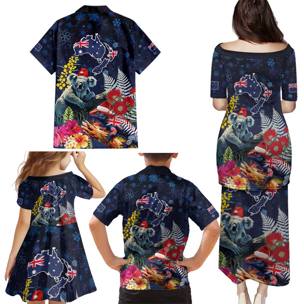 Australia and New Zealand Family Matching Puletasi and Hawaiian Shirt Merry Christmas-Tuatara and Koala with Plants Xmas Style