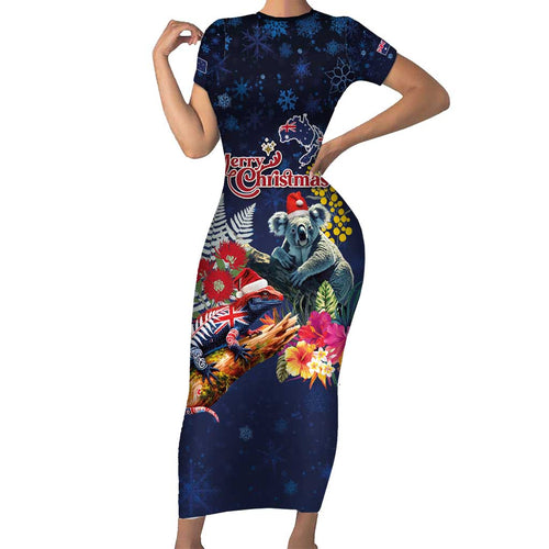 Australia and New Zealand Family Matching Short Sleeve Bodycon Dress and Hawaiian Shirt Merry Christmas-Tuatara and Koala with Plants Xmas Style