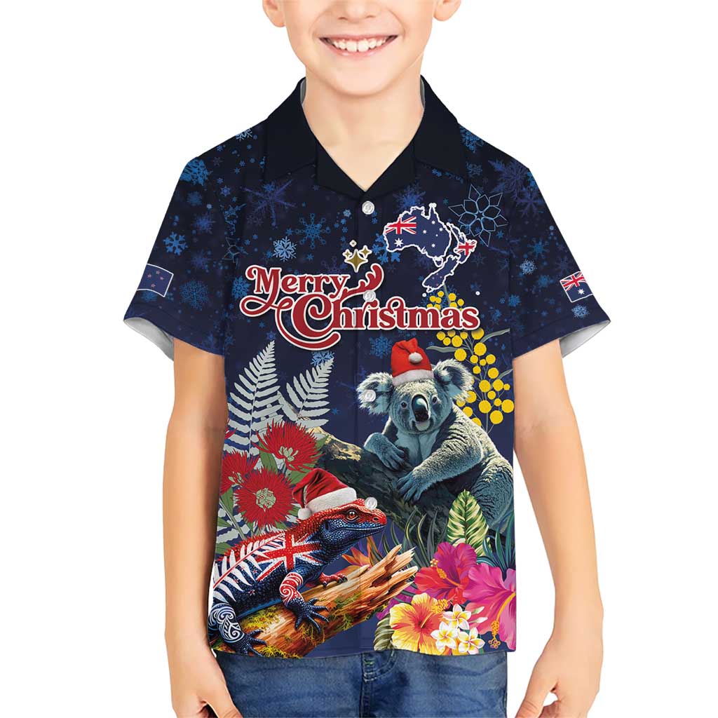 Australia and New Zealand Family Matching Short Sleeve Bodycon Dress and Hawaiian Shirt Merry Christmas-Tuatara and Koala with Plants Xmas Style