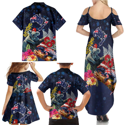 Australia and New Zealand Family Matching Summer Maxi Dress and Hawaiian Shirt Merry Christmas-Tuatara and Koala with Plants Xmas Style