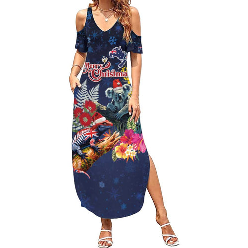 Australia and New Zealand Family Matching Summer Maxi Dress and Hawaiian Shirt Merry Christmas-Tuatara and Koala with Plants Xmas Style