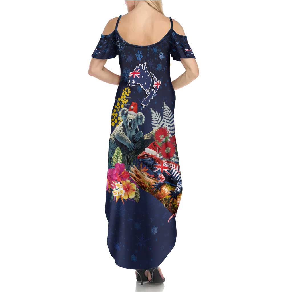 Australia and New Zealand Family Matching Summer Maxi Dress and Hawaiian Shirt Merry Christmas-Tuatara and Koala with Plants Xmas Style