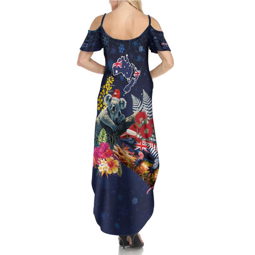 Australia and New Zealand Family Matching Summer Maxi Dress and Hawaiian Shirt Merry Christmas-Tuatara and Koala with Plants Xmas Style