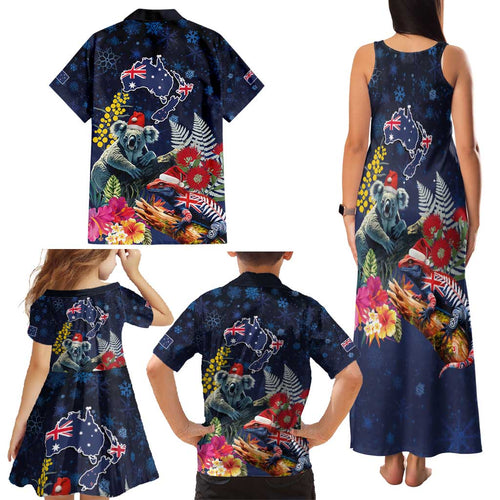 Australia and New Zealand Family Matching Tank Maxi Dress and Hawaiian Shirt Merry Christmas-Tuatara and Koala with Plants Xmas Style