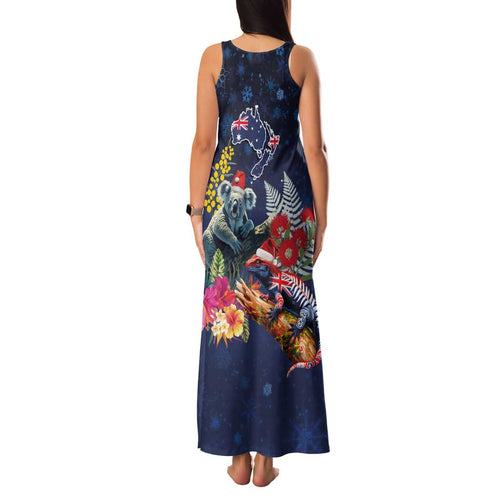 Australia and New Zealand Family Matching Tank Maxi Dress and Hawaiian Shirt Merry Christmas-Tuatara and Koala with Plants Xmas Style