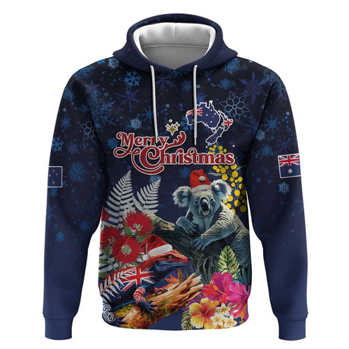Australia and New Zealand Hoodie Merry Christmas-Tuatara and Koala with Plants Xmas Style