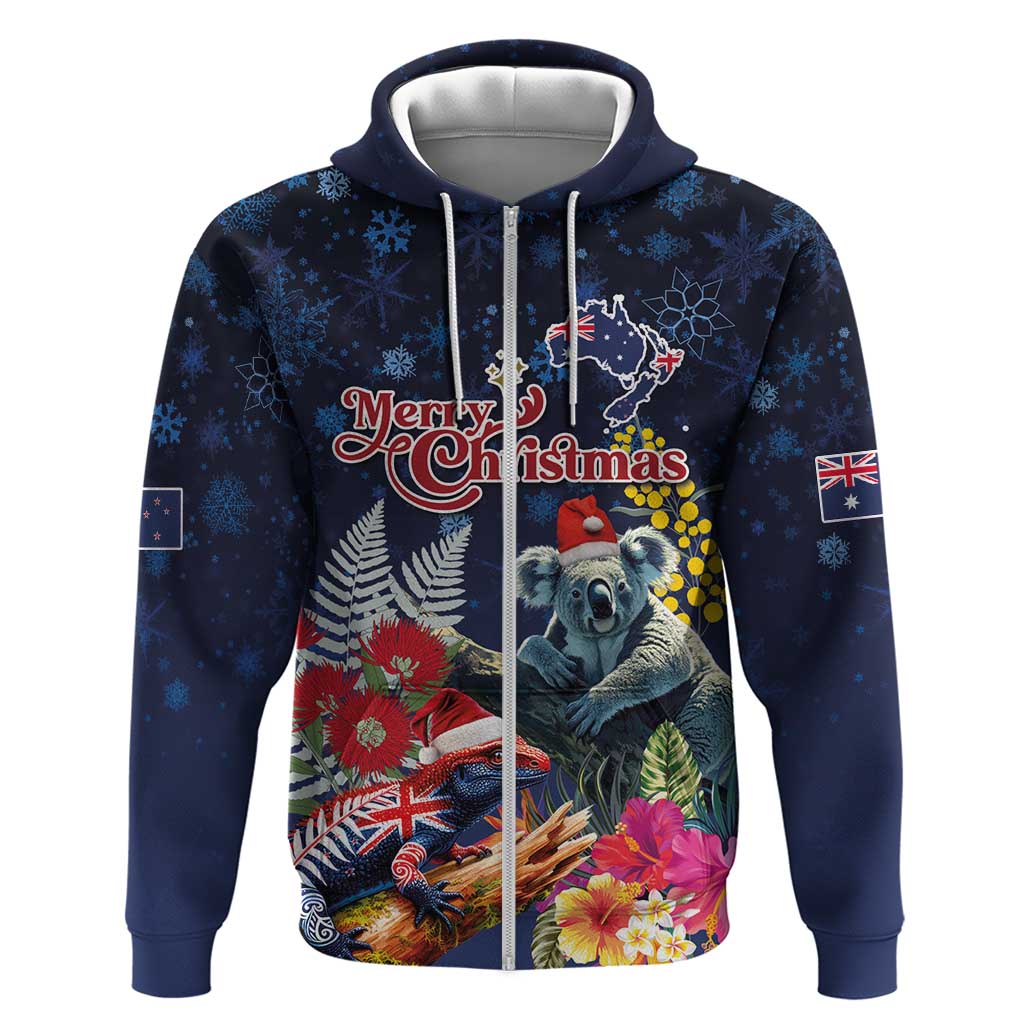 Australia and New Zealand Hoodie Merry Christmas-Tuatara and Koala with Plants Xmas Style
