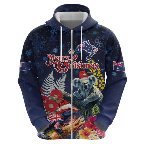 Australia and New Zealand Hoodie Merry Christmas-Tuatara and Koala with Plants Xmas Style