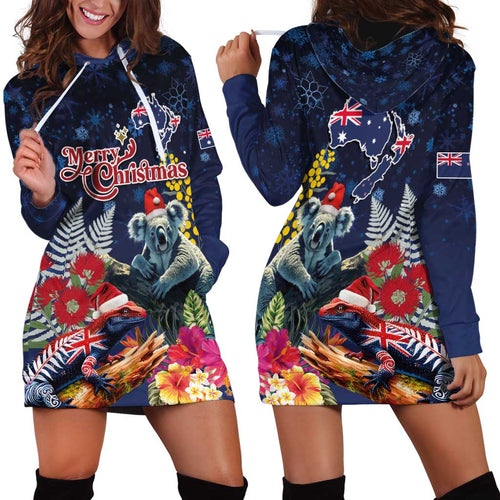 Australia and New Zealand Hoodie Dress Merry Christmas-Tuatara and Koala with Plants Xmas Style