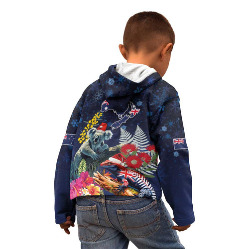 Australia and New Zealand Kid Hoodie Merry Christmas-Tuatara and Koala with Plants Xmas Style