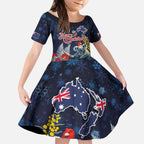 Australia and New Zealand Kid Short Sleeve Dress Merry Christmas-Tuatara and Koala with Plants Xmas Style