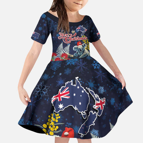 Australia and New Zealand Kid Short Sleeve Dress Merry Christmas-Tuatara and Koala with Plants Xmas Style