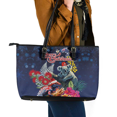 Australia and New Zealand Leather Tote Bag Merry Christmas-Tuatara and Koala with Plants Xmas Style