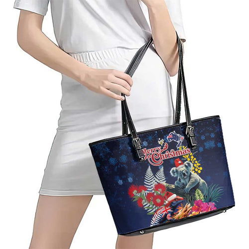 Australia and New Zealand Leather Tote Bag Merry Christmas-Tuatara and Koala with Plants Xmas Style