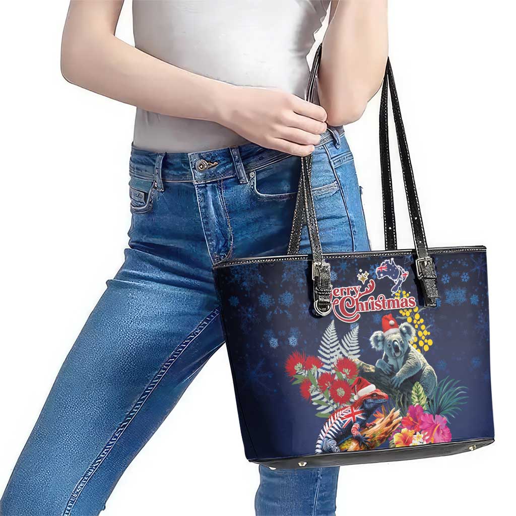 Australia and New Zealand Leather Tote Bag Merry Christmas-Tuatara and Koala with Plants Xmas Style