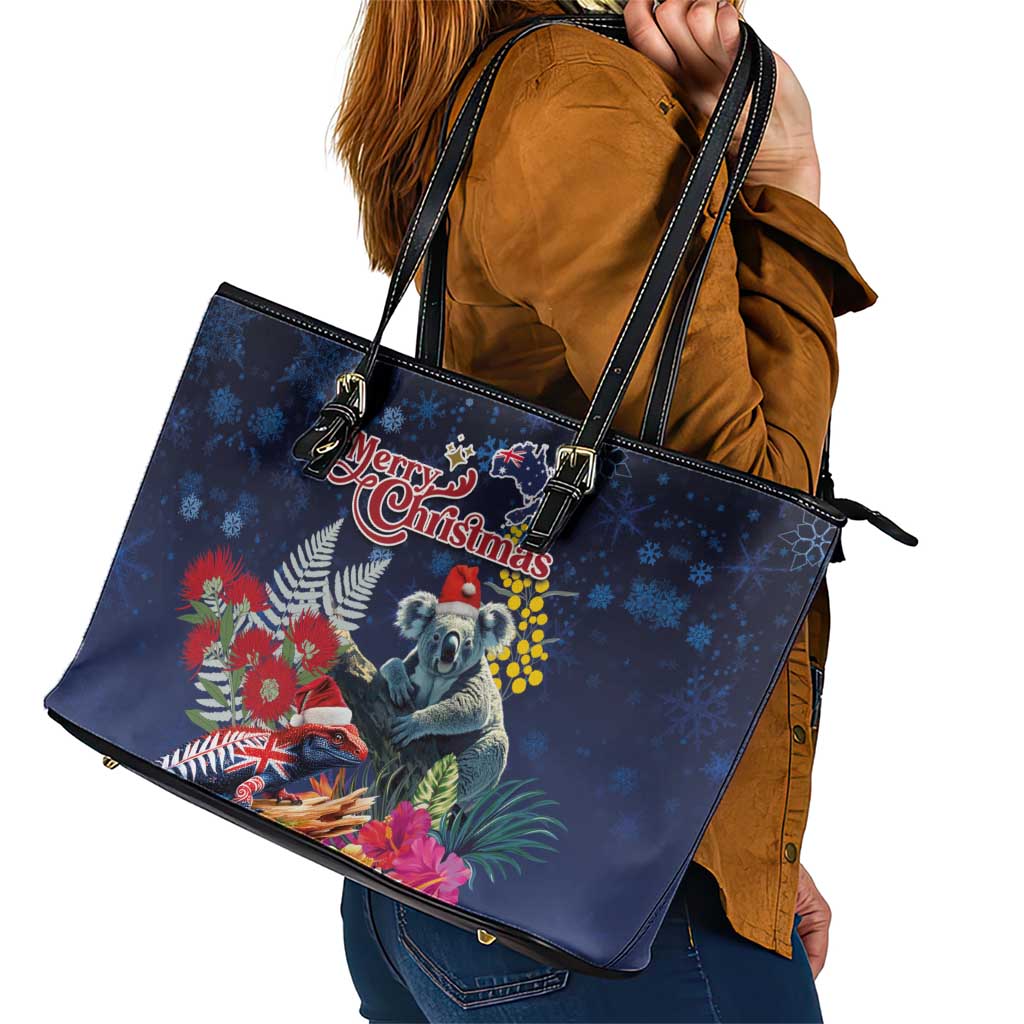 Australia and New Zealand Leather Tote Bag Merry Christmas-Tuatara and Koala with Plants Xmas Style