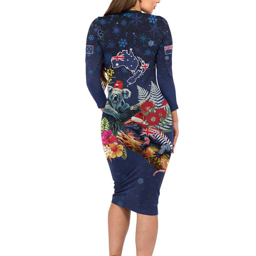Australia and New Zealand Long Sleeve Bodycon Dress Merry Christmas-Tuatara and Koala with Plants Xmas Style