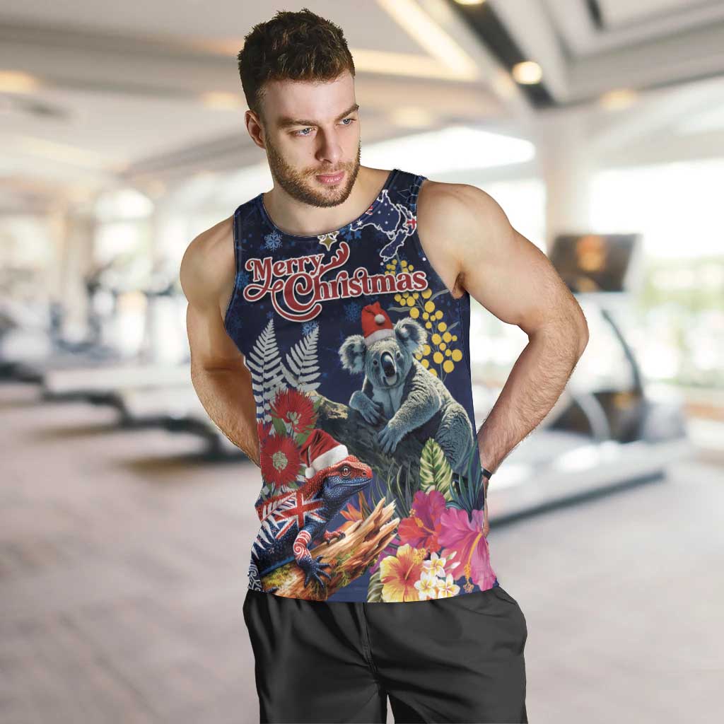 Australia and New Zealand Men Tank Top Merry Christmas-Tuatara and Koala with Plants Xmas Style