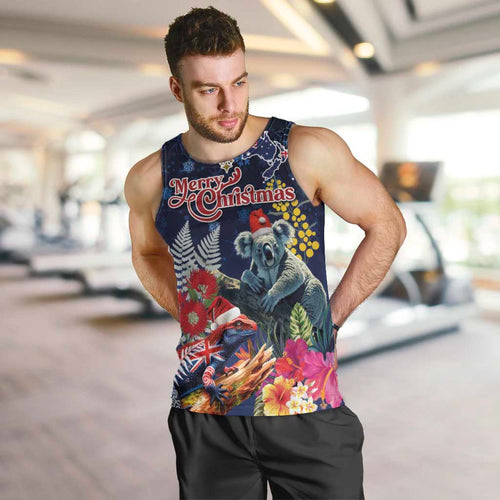 Australia and New Zealand Men Tank Top Merry Christmas-Tuatara and Koala with Plants Xmas Style