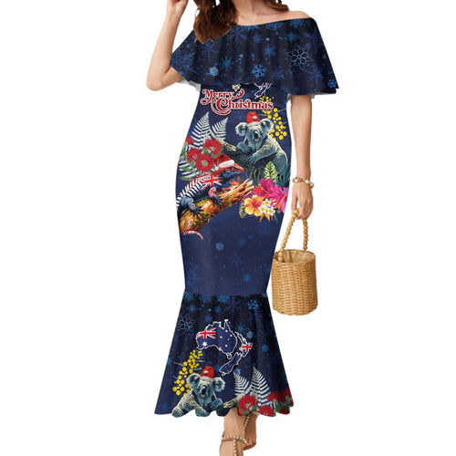 Australia and New Zealand Mermaid Dress Merry Christmas-Tuatara and Koala with Plants Xmas Style