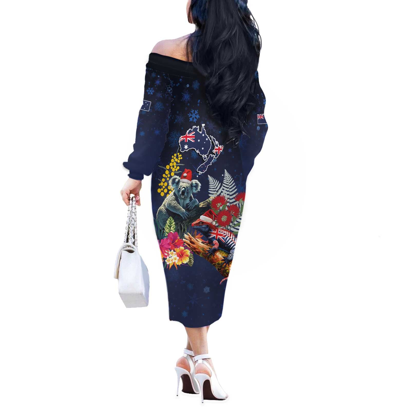 Australia and New Zealand Off The Shoulder Long Sleeve Dress Merry Christmas-Tuatara and Koala with Plants Xmas Style