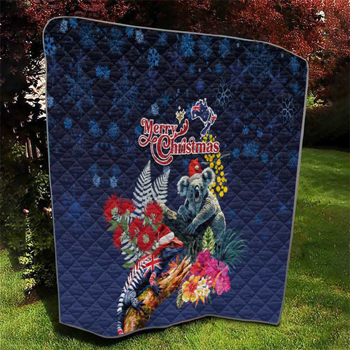 Australia and New Zealand Quilt Merry Christmas-Tuatara and Koala with Plants Xmas Style