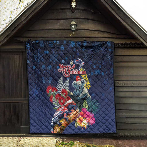 Australia and New Zealand Quilt Merry Christmas-Tuatara and Koala with Plants Xmas Style