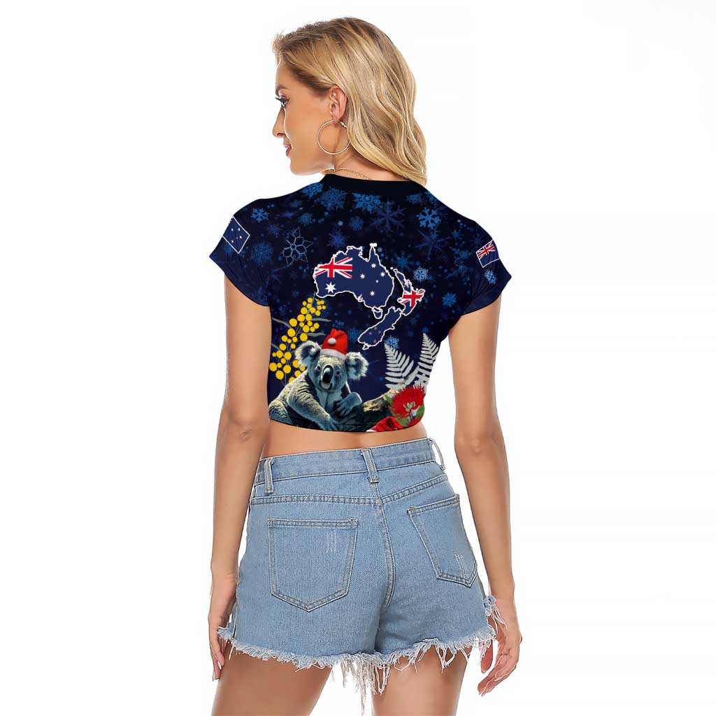 Australia and New Zealand Raglan Cropped T Shirt Merry Christmas-Tuatara and Koala with Plants Xmas Style
