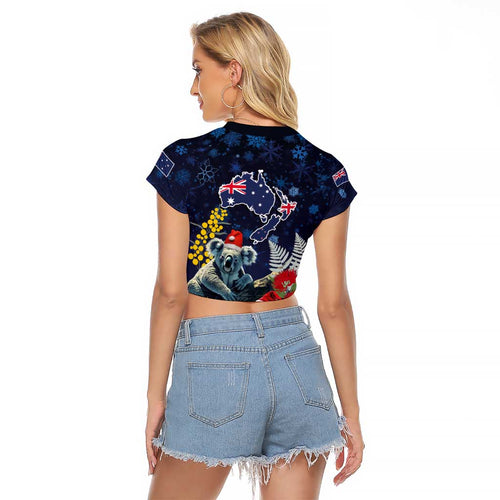 Australia and New Zealand Raglan Cropped T Shirt Merry Christmas-Tuatara and Koala with Plants Xmas Style