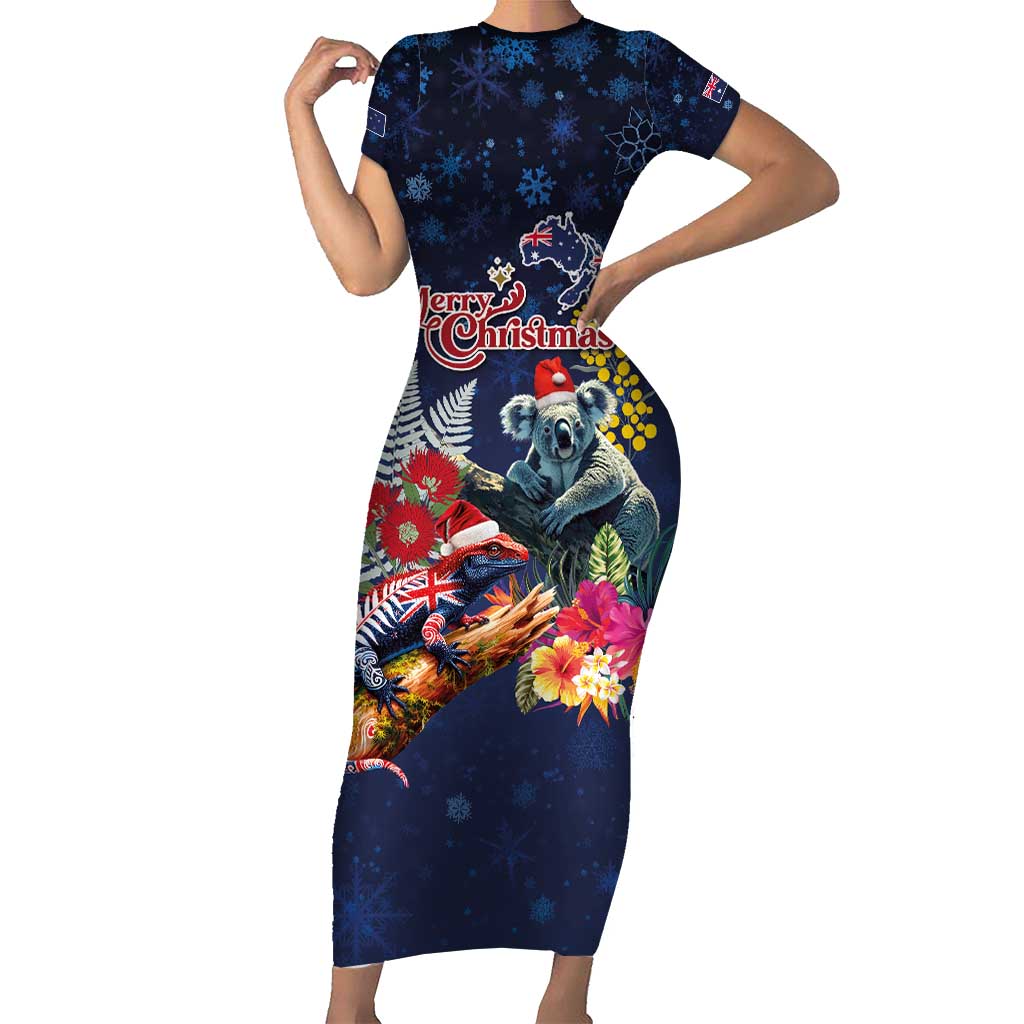 Australia and New Zealand Short Sleeve Bodycon Dress Merry Christmas-Tuatara and Koala with Plants Xmas Style
