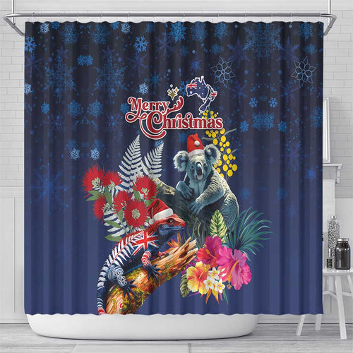 Australia and New Zealand Shower Curtain Merry Christmas-Tuatara and Koala with Plants Xmas Style