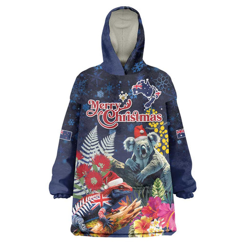 Australia and New Zealand Wearable Blanket Hoodie Merry Christmas-Tuatara and Koala with Plants Xmas Style