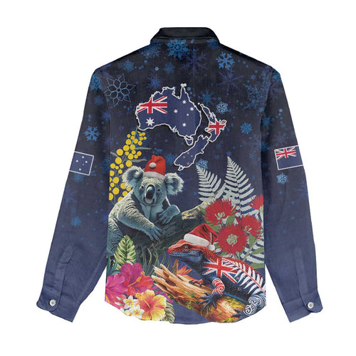Australia and New Zealand Women Casual Shirt Merry Christmas-Tuatara and Koala with Plants Xmas Style