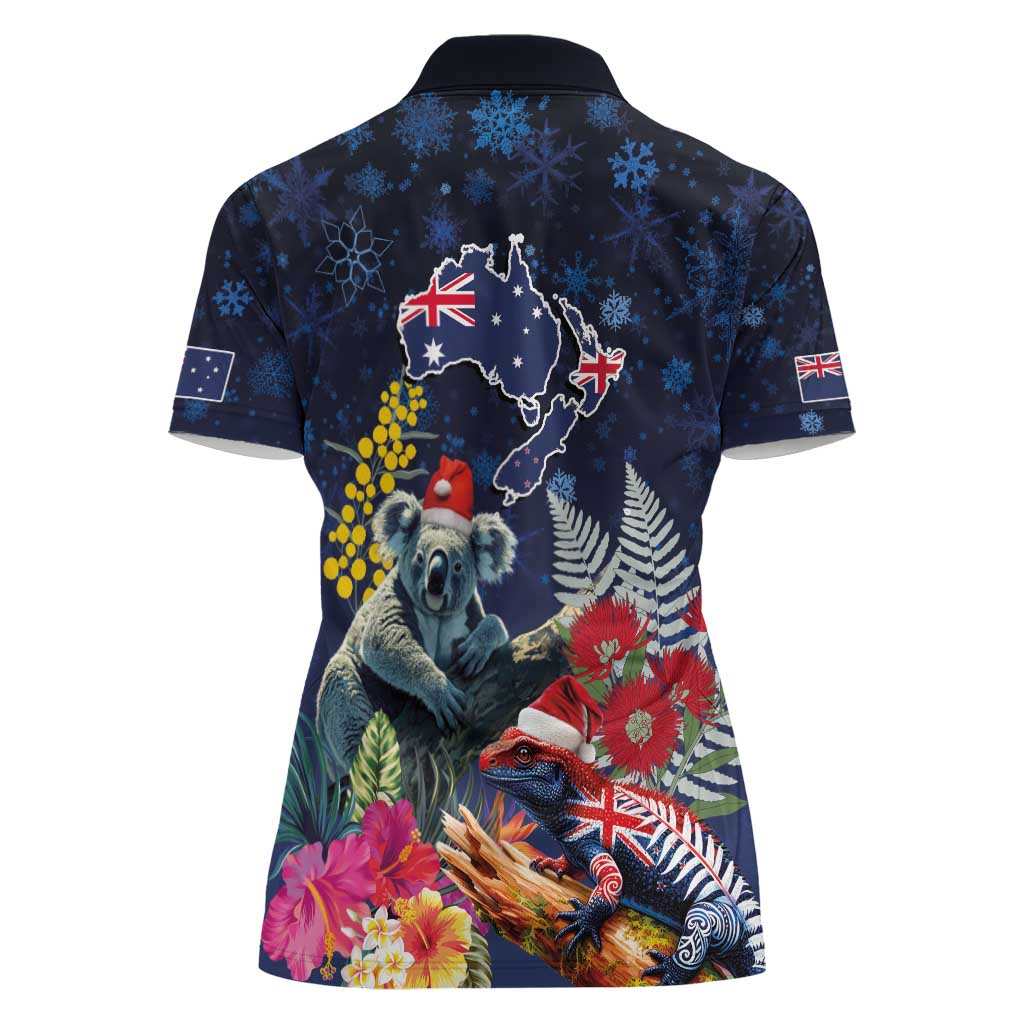 Australia and New Zealand Women Polo Shirt Merry Christmas-Tuatara and Koala with Plants Xmas Style