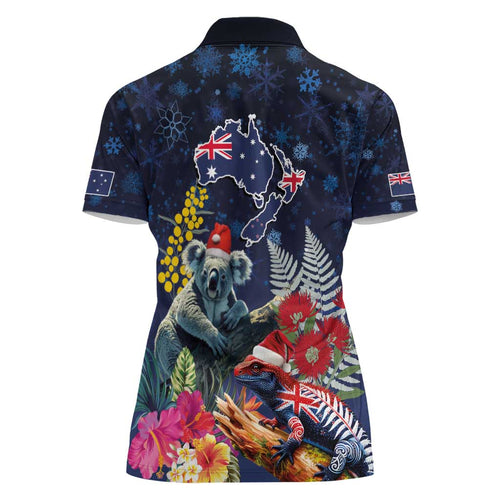 Australia and New Zealand Women Polo Shirt Merry Christmas-Tuatara and Koala with Plants Xmas Style