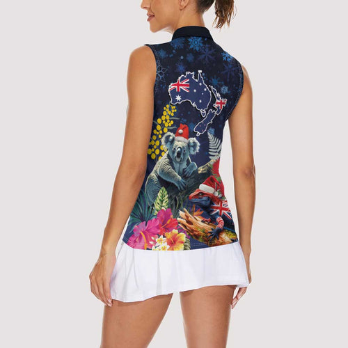 Australia and New Zealand Women Sleeveless Polo Shirt Merry Christmas-Tuatara and Koala with Plants Xmas Style