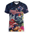 Australia and New Zealand Women V-Neck T-Shirt Merry Christmas-Tuatara and Koala with Plants Xmas Style