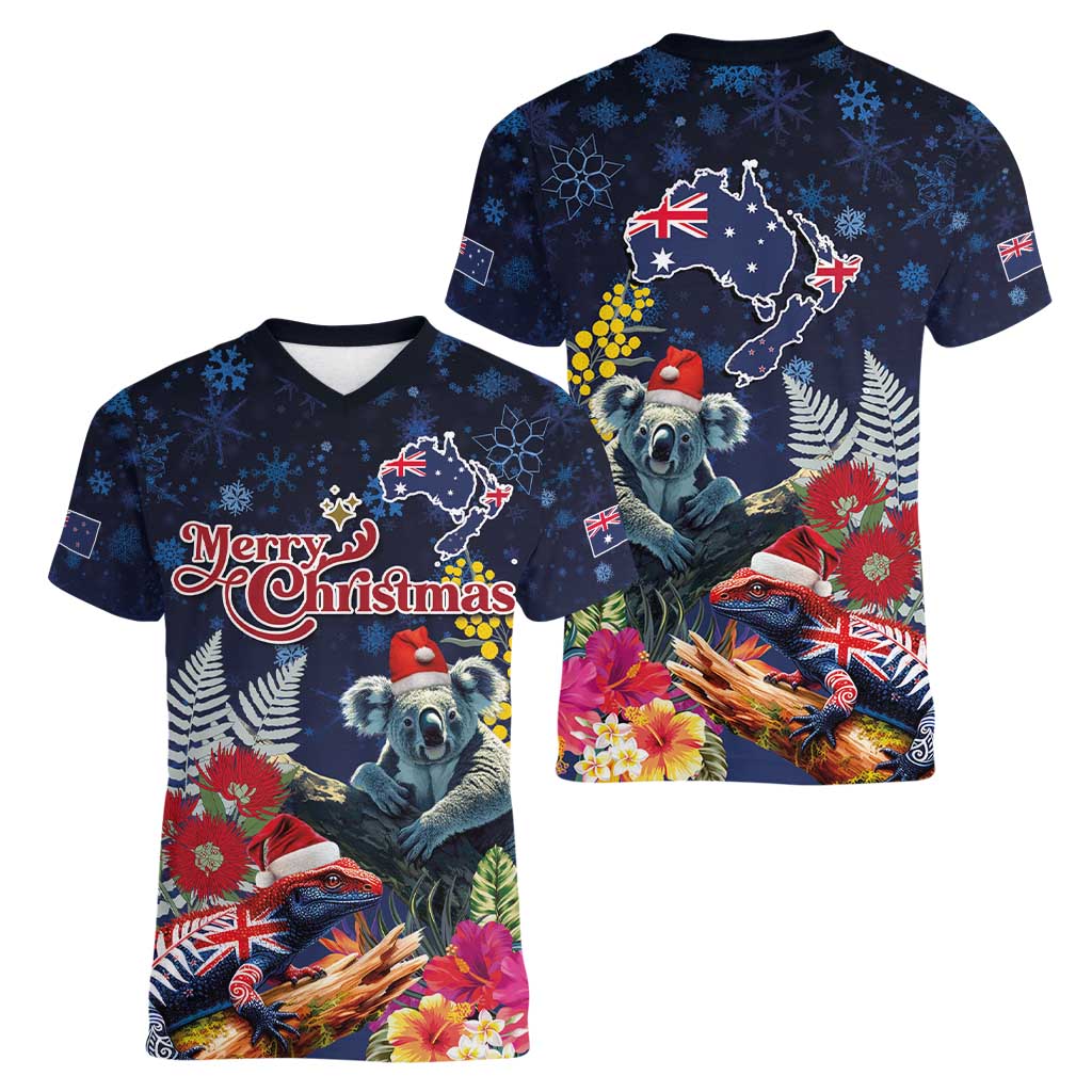 Australia and New Zealand Women V-Neck T-Shirt Merry Christmas-Tuatara and Koala with Plants Xmas Style