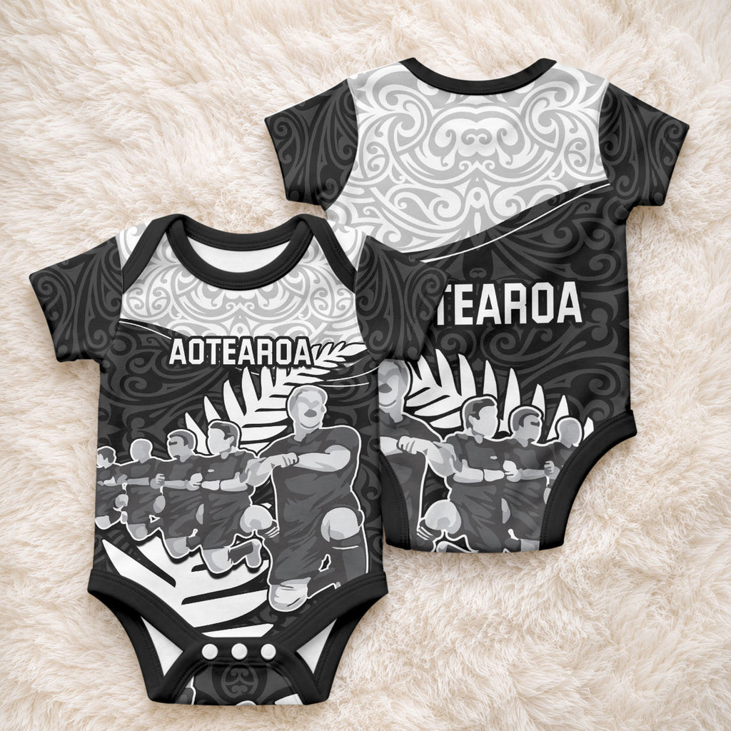 New Zealand World Cup 2023 Baby Onesie Aotearoa Haka Rugby with Silver Fern Maori Ethnic Pattern