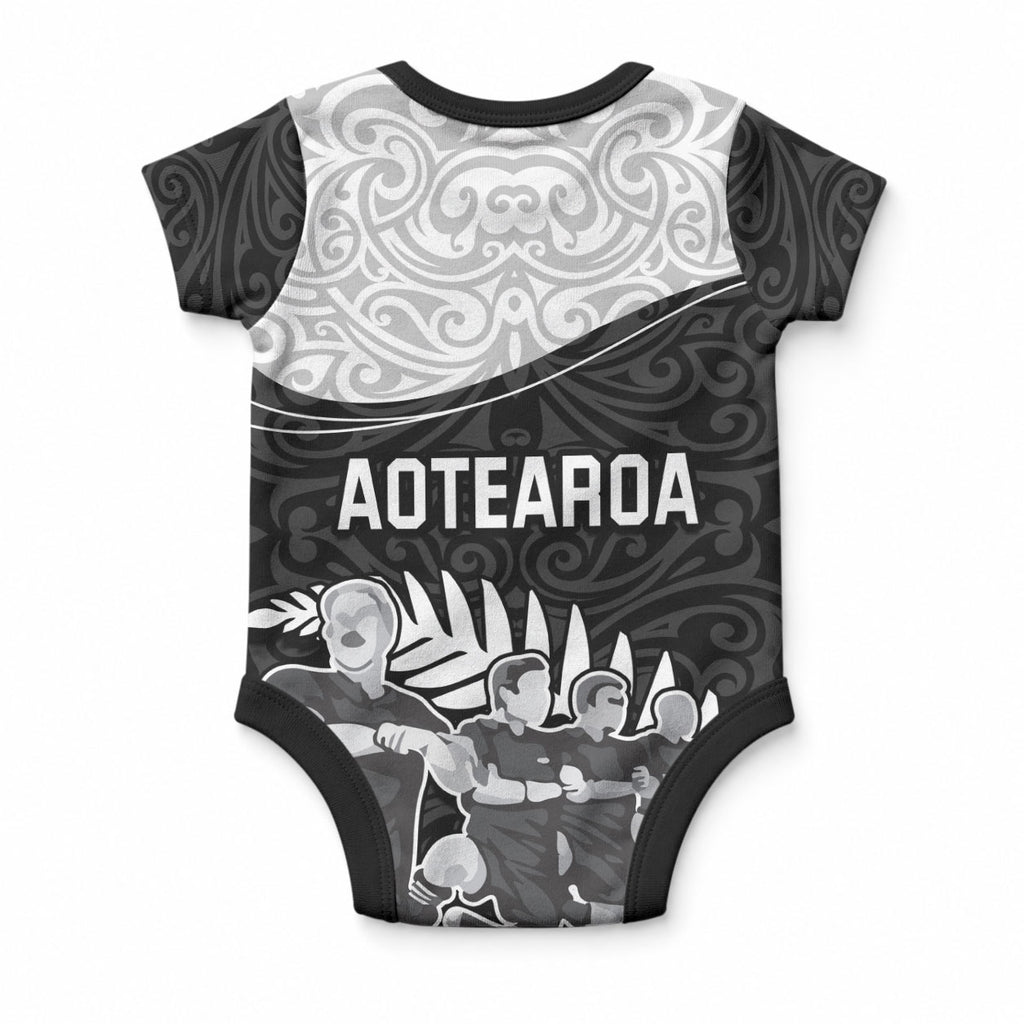 New Zealand World Cup 2023 Baby Onesie Aotearoa Haka Rugby with Silver Fern Maori Ethnic Pattern