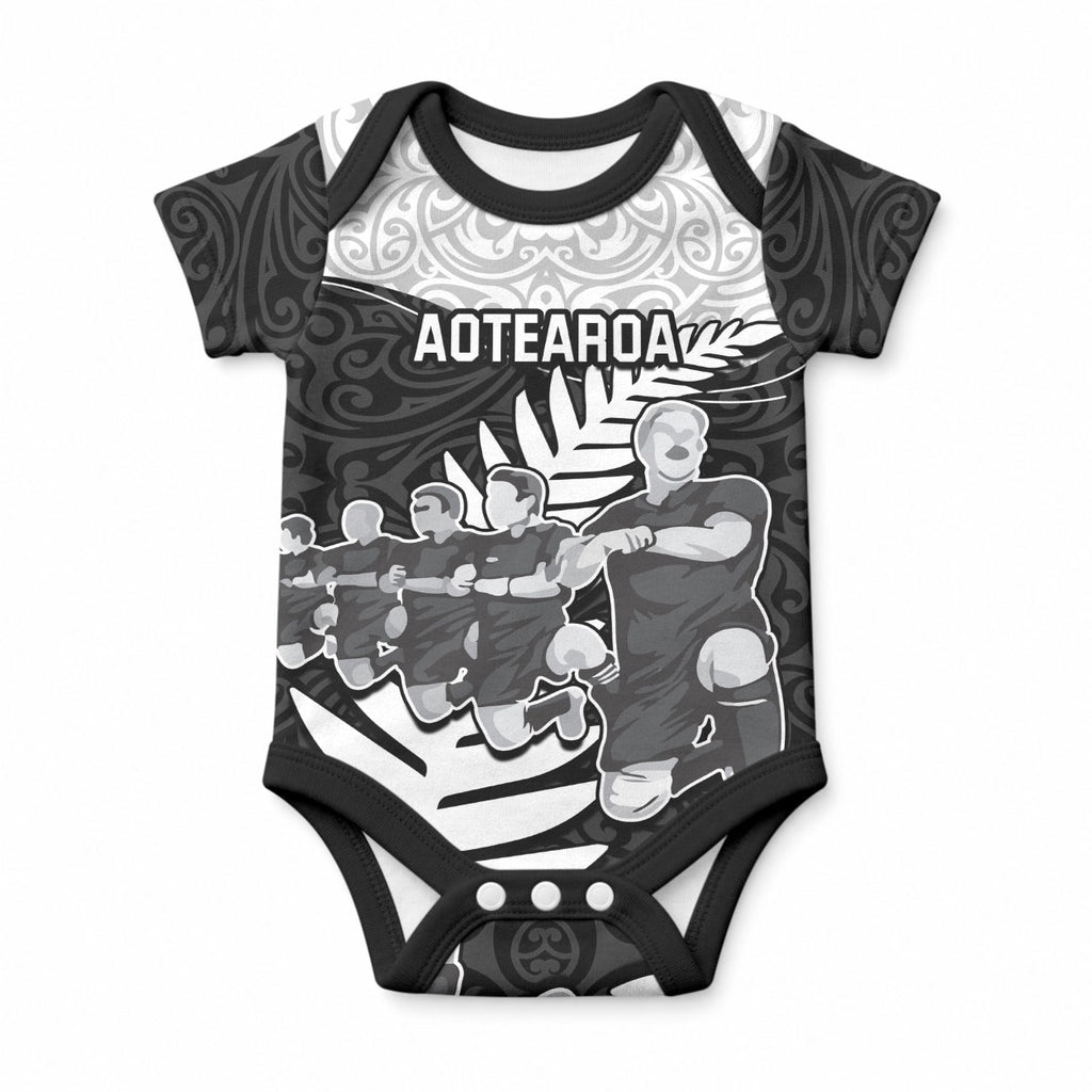 Custom New Zealand World Cup 2023 Baby Onesie Aotearoa Haka Rugby with Silver Fern Maori Ethnic Pattern