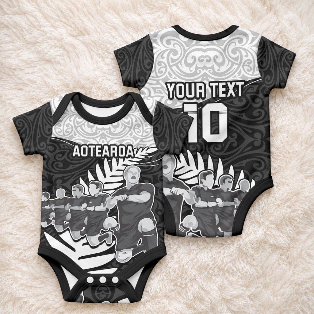Custom New Zealand World Cup 2023 Baby Onesie Aotearoa Haka Rugby with Silver Fern Maori Ethnic Pattern