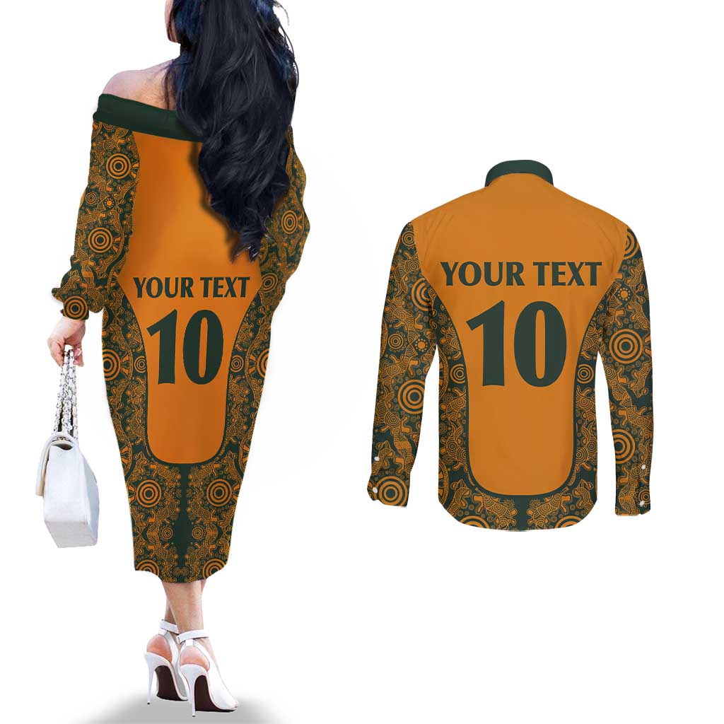 Custom Australia Rugby Championship 2024 Couples Matching Off The Shoulder Long Sleeve Dress and Long Sleeve Button Shirt Aboriginal Art Tattoo Pattern