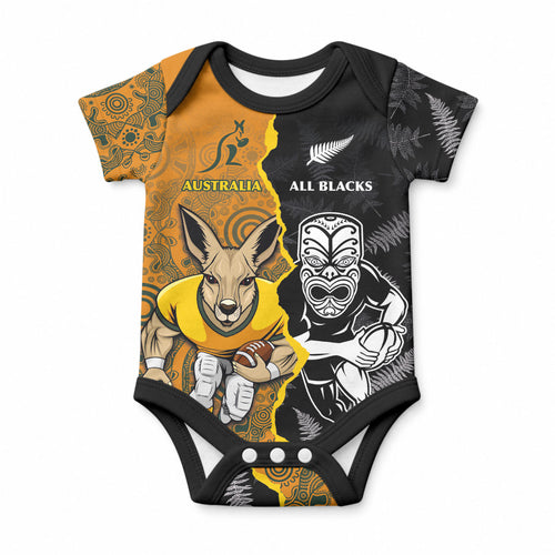 Custom New Zealand and Australia Rugby Championship 2024 Baby Onesie Maori Warrior and Kangaroo Mascot with Fern Aboriginal