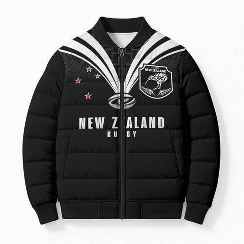 New Zealand Maori Rugby Custom Bomber Puffer Jacket Aotearoa Tribal Motif Retro Concept