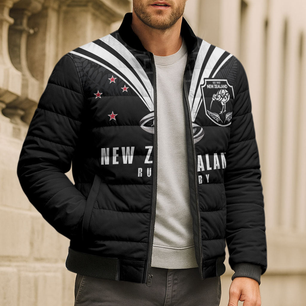 New Zealand Maori Rugby Custom Bomber Puffer Jacket Aotearoa Tribal Motif Retro Concept