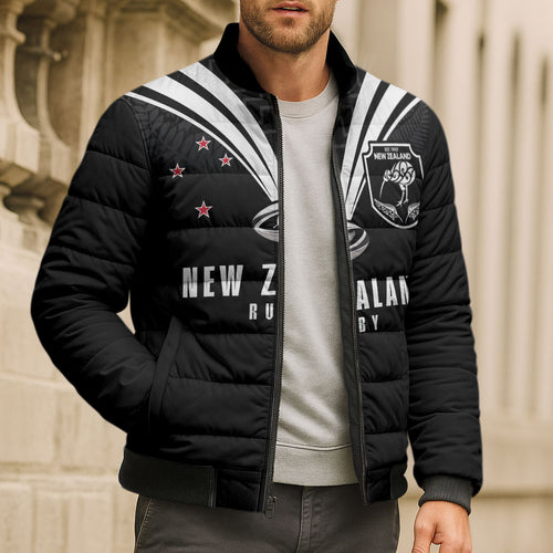 New Zealand Maori Rugby Custom Bomber Puffer Jacket Aotearoa Tribal Motif Retro Concept