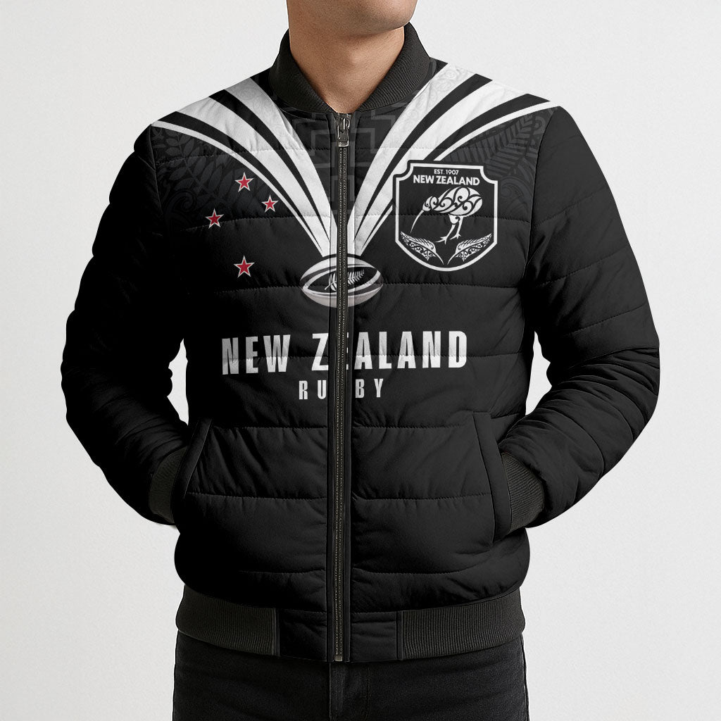 New Zealand Maori Rugby Custom Bomber Puffer Jacket Aotearoa Tribal Motif Retro Concept