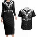 New Zealand Maori Rugby Custom Couples Matching Long Sleeve Bodycon Dress and Hawaiian Shirt Aotearoa Tribal Motif Retro Concept