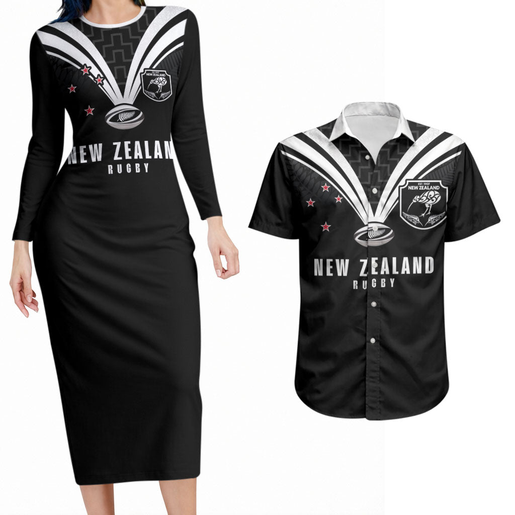 New Zealand Maori Rugby Custom Couples Matching Long Sleeve Bodycon Dress and Hawaiian Shirt Aotearoa Tribal Motif Retro Concept
